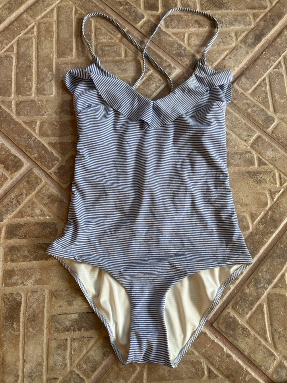 Striped Navy and White Ruffle One-Piece Swimsuit